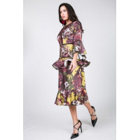 Cascade Ruffle Sleeve Frill Tiered Bottom Print Midi Dress