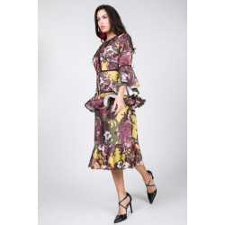 Cascade Ruffle Sleeve Frill Tiered Bottom Print Midi Dress
