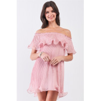 Pink Pleated Off-the-shoulder Double Layered Frill Trim Mini Dress