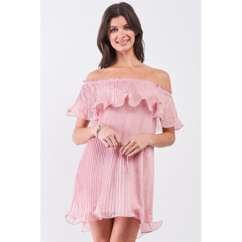 Pink Pleated Off-the-shoulder Double Layered Frill Trim Mini Dress