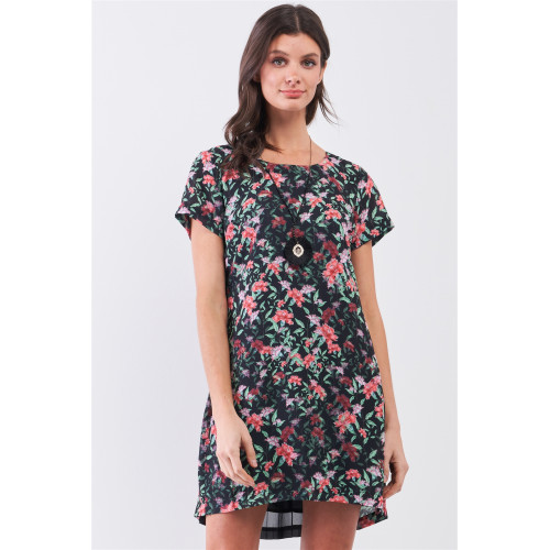Black Multicolor Floral Print Pleated Back Detail Relaxed Mini Dress
