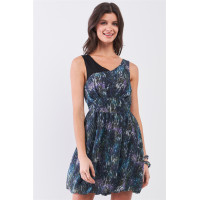 Navy Blue Sleeveless Mesh V-neck Self-tie Waist Stitched Together Bottom Mini Dress