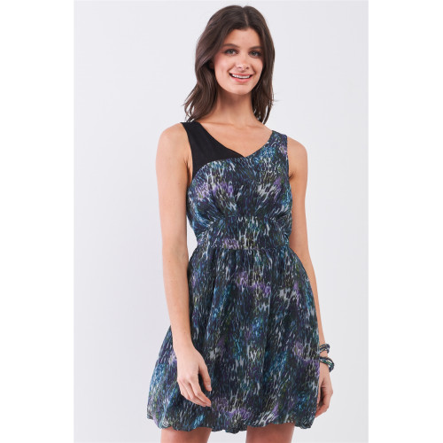Navy Blue Sleeveless Mesh V-neck Self-tie Waist Stitched Together Bottom Mini Dress