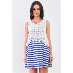 White & Navy Horizontal Striped Round Neck Sleeveless Floral Embroidery Layered Top Mini Dress