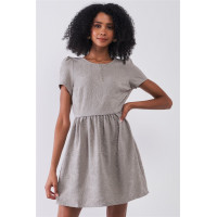 Silver Grey Floral Embroidery Round Neck Short Sleeve Mini Dress