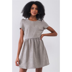 Silver Grey Floral Embroidery Round Neck Short Sleeve Mini Dress