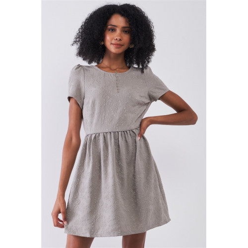 Silver Grey Floral Embroidery Round Neck Short Sleeve Mini Dress