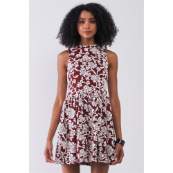 Burgundy & White Floral Crew Neck Sleeveless Fitted Mini Dress