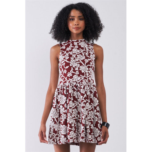Burgundy & White Floral Crew Neck Sleeveless Fitted Mini Dress
