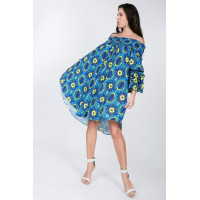 Puffy Ruffle Sleeve Smocking Off Shoulder Print Midi Dress