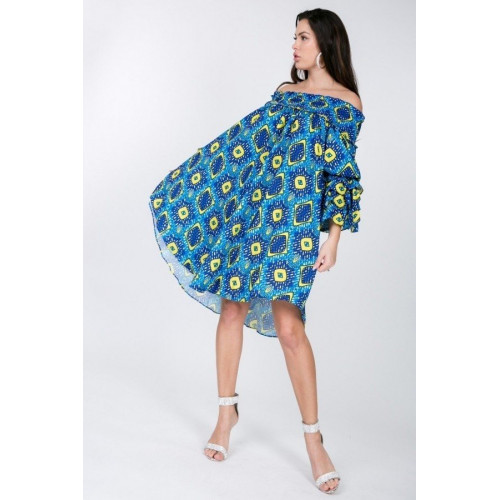 Puffy Ruffle Sleeve Smocking Off Shoulder Print Midi Dress