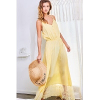 Adjustable Shoulder Strap Button Down Waist Elastic Bottom Contrast Lace Maxi Dress