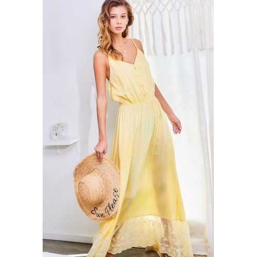Adjustable Shoulder Strap Button Down Waist Elastic Bottom Contrast Lace Maxi Dress