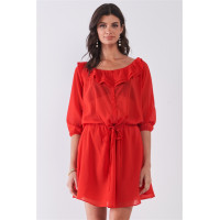 Flame Red Boat Neck Ruffle Collar Midi Sleeve Self-tie Waist Front Button Down Mini Dress