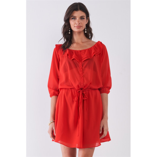 Flame Red Boat Neck Ruffle Collar Midi Sleeve Self-tie Waist Front Button Down Mini Dress
