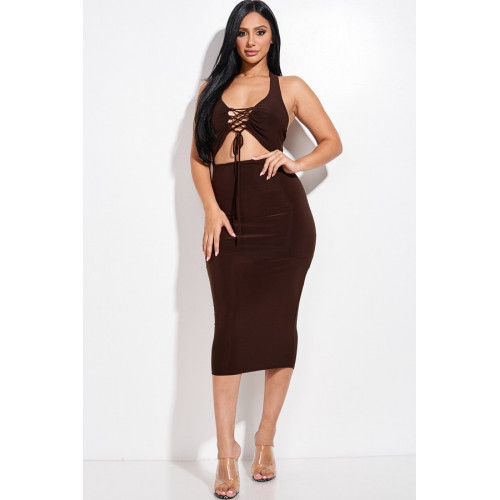 Solid Halter Neck Midi Dress With Criss Cross Front And Cutout