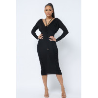 Long Sleeve Midi Dress With Low V Neck Front And Back With Ruching On Sides And Chest