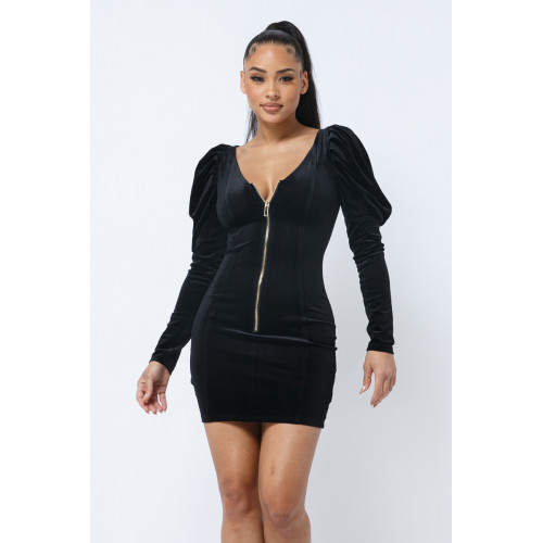 Soft Velvet Pleated Puff Sleeve Low V Neck Front And Back Mini Dress