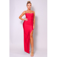 Spaghetti Strap Pleated Bust Front Slit Maxi Dress