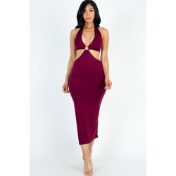 Cut-out Halter Neck Double Back Tie Split Thigh Midi Dress