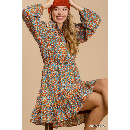 Collared neckline button down floral print dress with crochet trimmed details