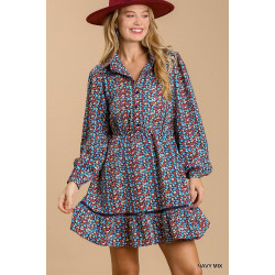 Collared neckline button down floral print dress with crochet trimmed details