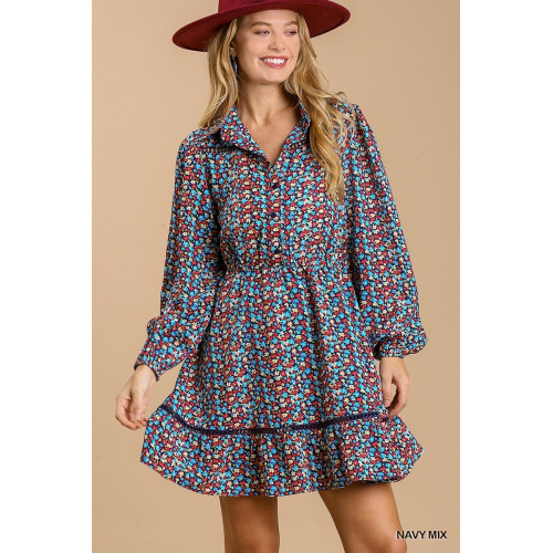 Collared neckline button down floral print dress with crochet trimmed details