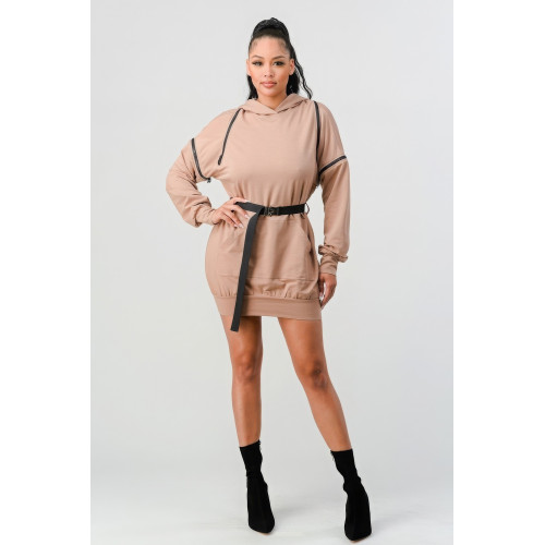 Double Zipper Long Sleeve Hooded Mini Dress