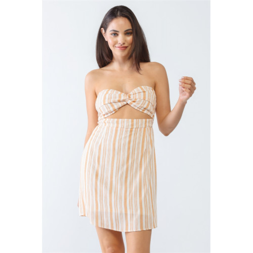 White & Apricot Stripe Print Strapless Twist Cut-out Smocked Back Mini Dress