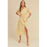 Button closure waist belt puff sleeve dress