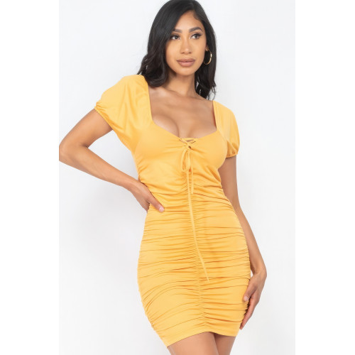 Front Lace Up Ruched Mini Dress