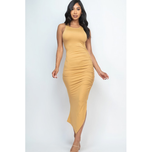 Sleeveless Ruched Side Split Maxi Dress
