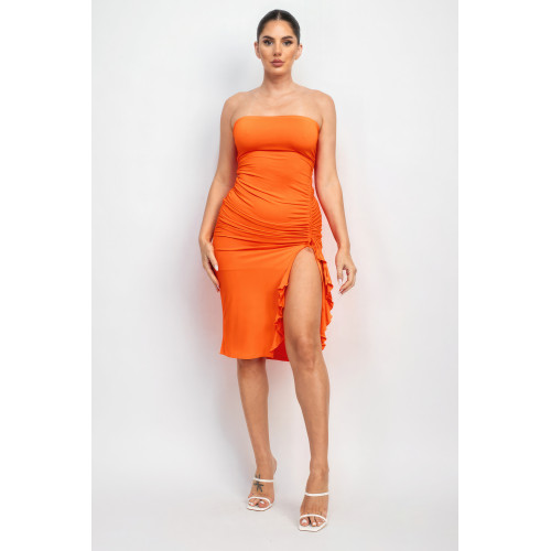 Ruffled Tube Slit Dress
