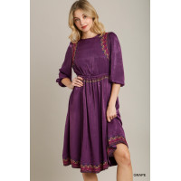 Satin Round Neck Embroidery Midi Dress