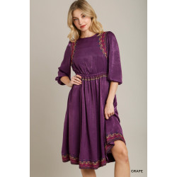 Satin Round Neck Embroidery Midi Dress