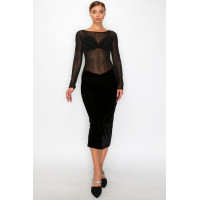 Velvet Sheer Contrast Holiday Midi Dress