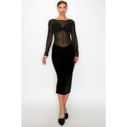 Velvet Sheer Contrast Holiday Midi Dress
