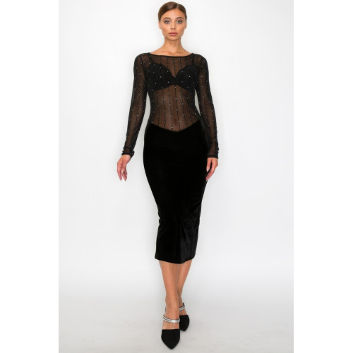 Velvet Sheer Contrast Holiday Midi Dress