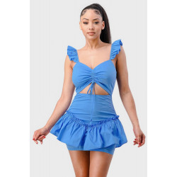 Sweetheart With Drawstring Bow Cutout Ruffled Flutter Sleeves Mini Dress