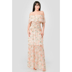 Floral Chiffon Off Shoulder Smocked Back Ruffled Tiered Maxi Dress