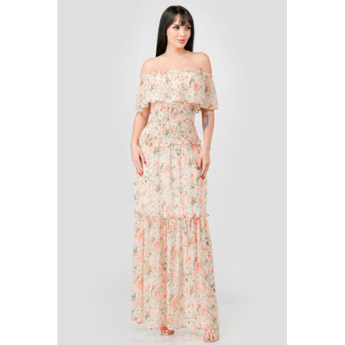Floral Chiffon Off Shoulder Smocked Back Ruffled Tiered Maxi Dress