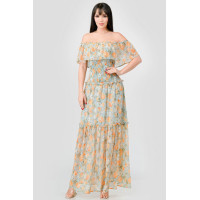 Floral Chiffon Off Shoulder Smocked Back Ruffled Tiered Maxi Dress