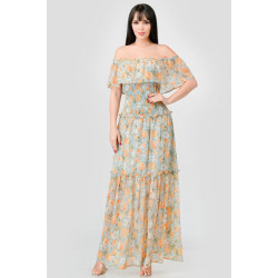 Floral Chiffon Off Shoulder Smocked Back Ruffled Tiered Maxi Dress