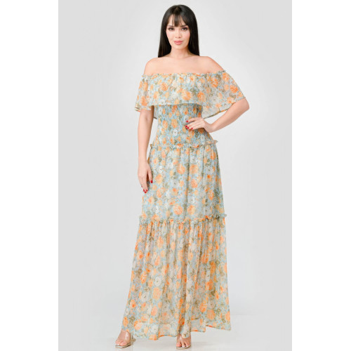 Floral Chiffon Off Shoulder Smocked Back Ruffled Tiered Maxi Dress