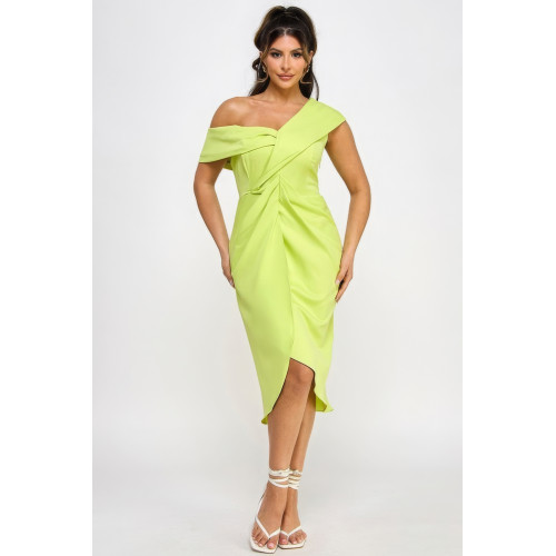 Off Shoulder Twist Front Midi Dress With Tulip Skirt