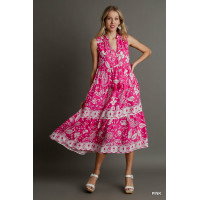 Two Tone Floral Paisley Sleeveless Midi Dress