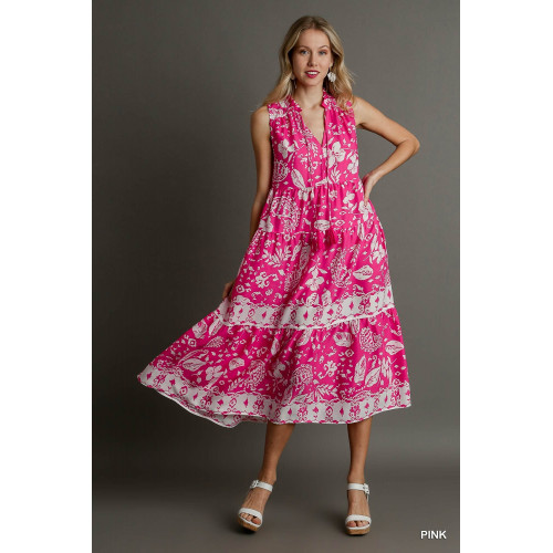 Two Tone Floral Paisley Sleeveless Midi Dress