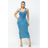 Acid Washed Cargo Midi Dress