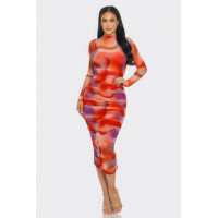 Summer Heat Print Mesh Ruched Midi Dress