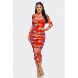 Summer Heat Print Mesh Ruched Midi Dress